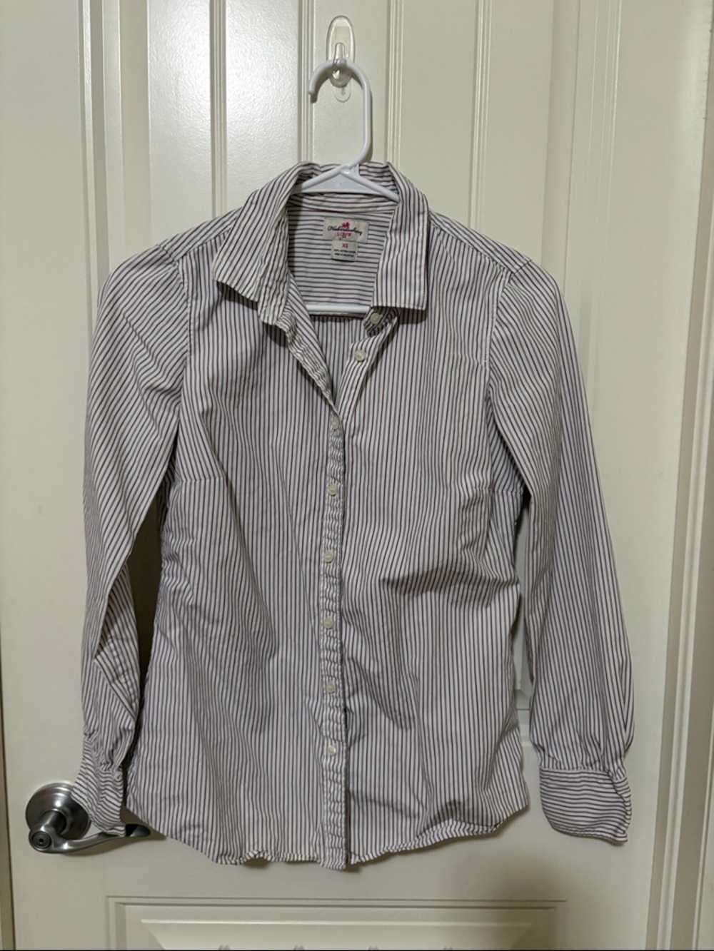J. Crew White Button-Down Shirt with Thin Navy and Purple Stripes